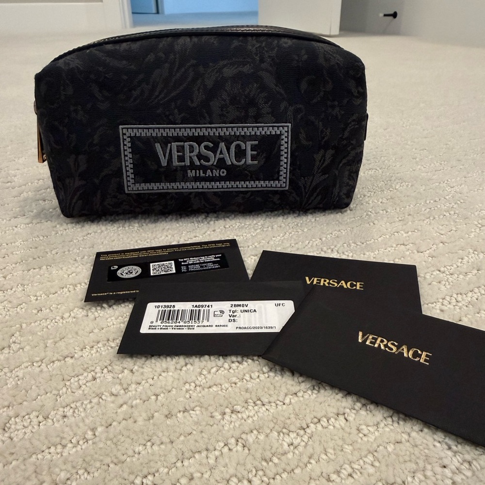 Versace Fabric Barocco Jacquard Black Beauty Cosmetic Pouch NWT $575